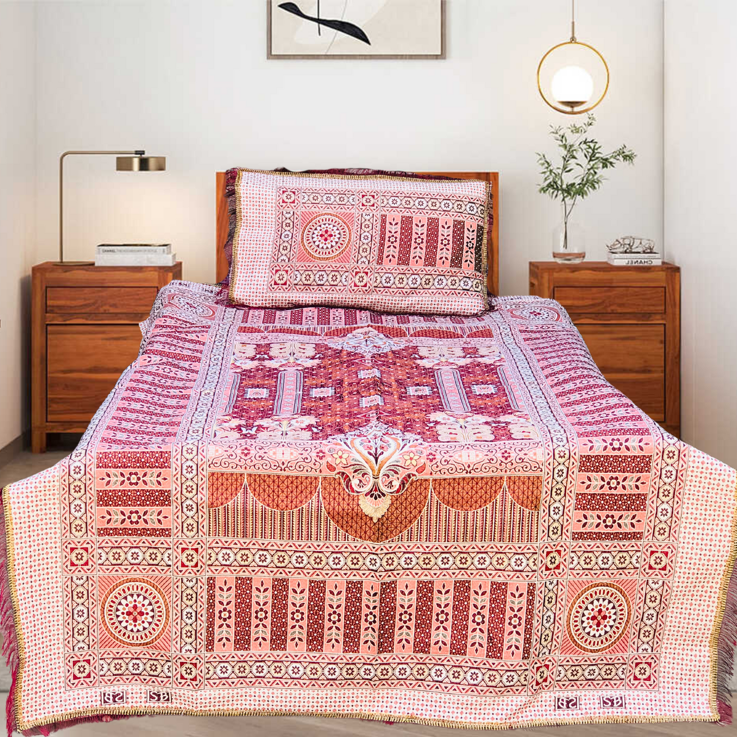 Mehron Red Shade Goldstar 3-Piece Bedsheet – Soft Touch & Elegant Shine