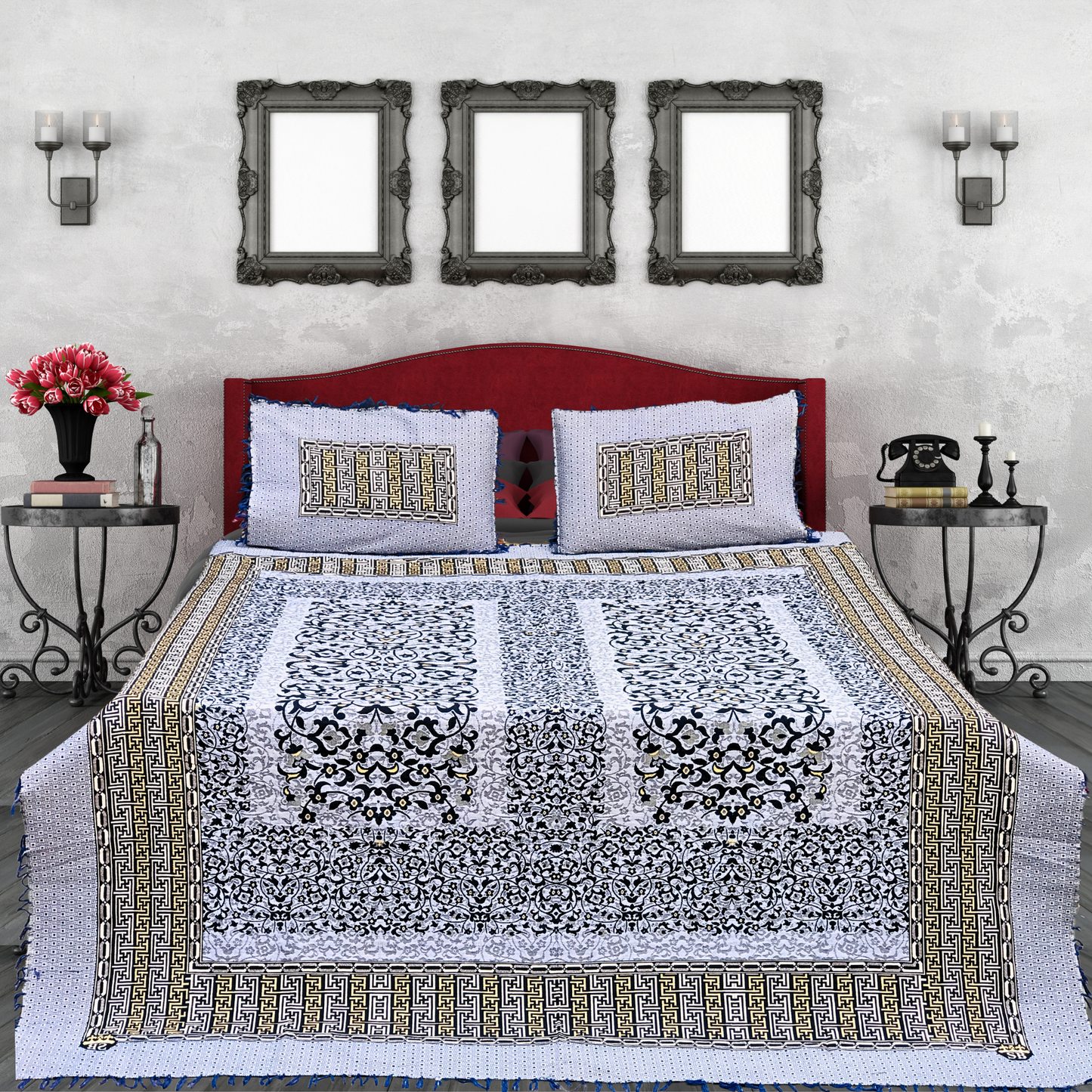 3PC Blue Soti Cotton Bedding Set – Pure Cotton, Elegant Design