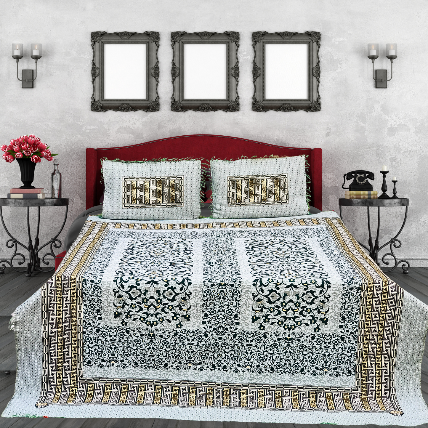 3PC Green Soti Cotton Bedding Set – Pure Cotton, Elegant Design